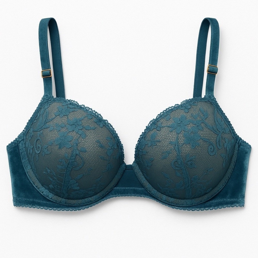 Victoria's Secret Teal Velvet Lace Push Up Bra 34C NWT